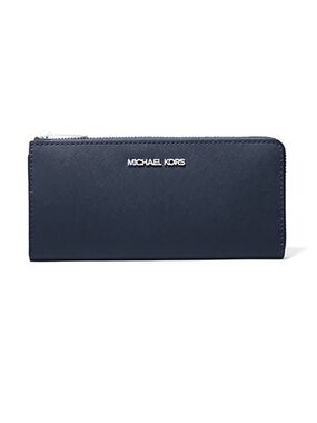 Michael Kors Navy Saffiano Zip-Around Wallet with Silver Hardware